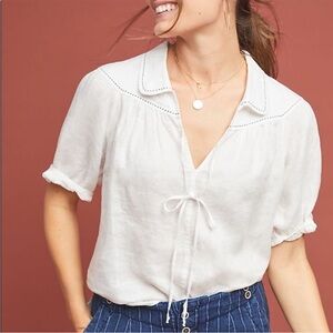Anthropologie White Collared Linen Tie Front Blouse Ballon Short Sleeves S